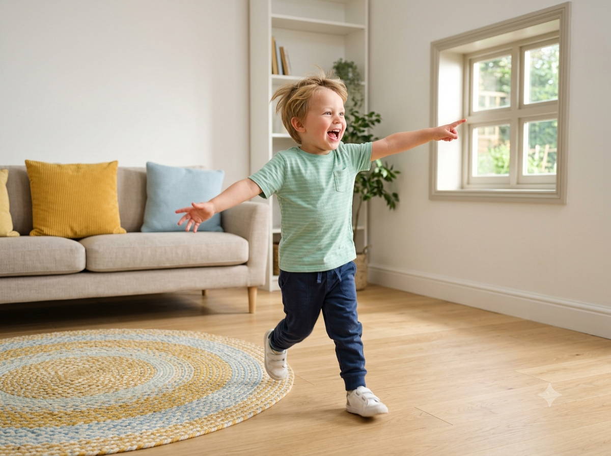 Preschooler running and pointing excitedly at a round rug during a shape scavenger hunt at home