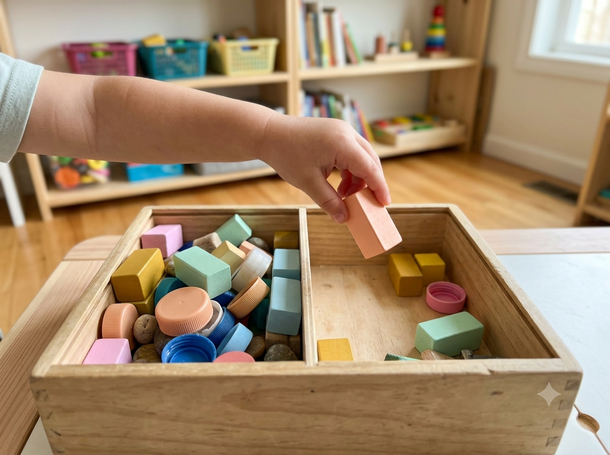 Child's hand sorting blocks into a bin with one larger pile and one smaller pile