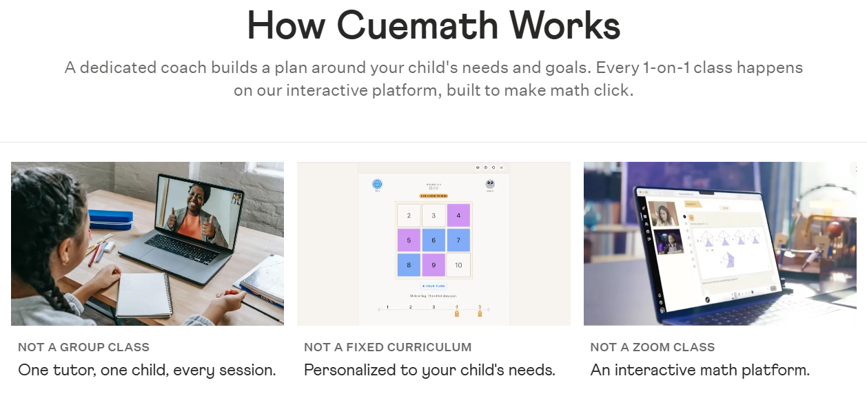 How Cuemath works: one tutor and one child every session, a personalized plan, and an interactive math platform