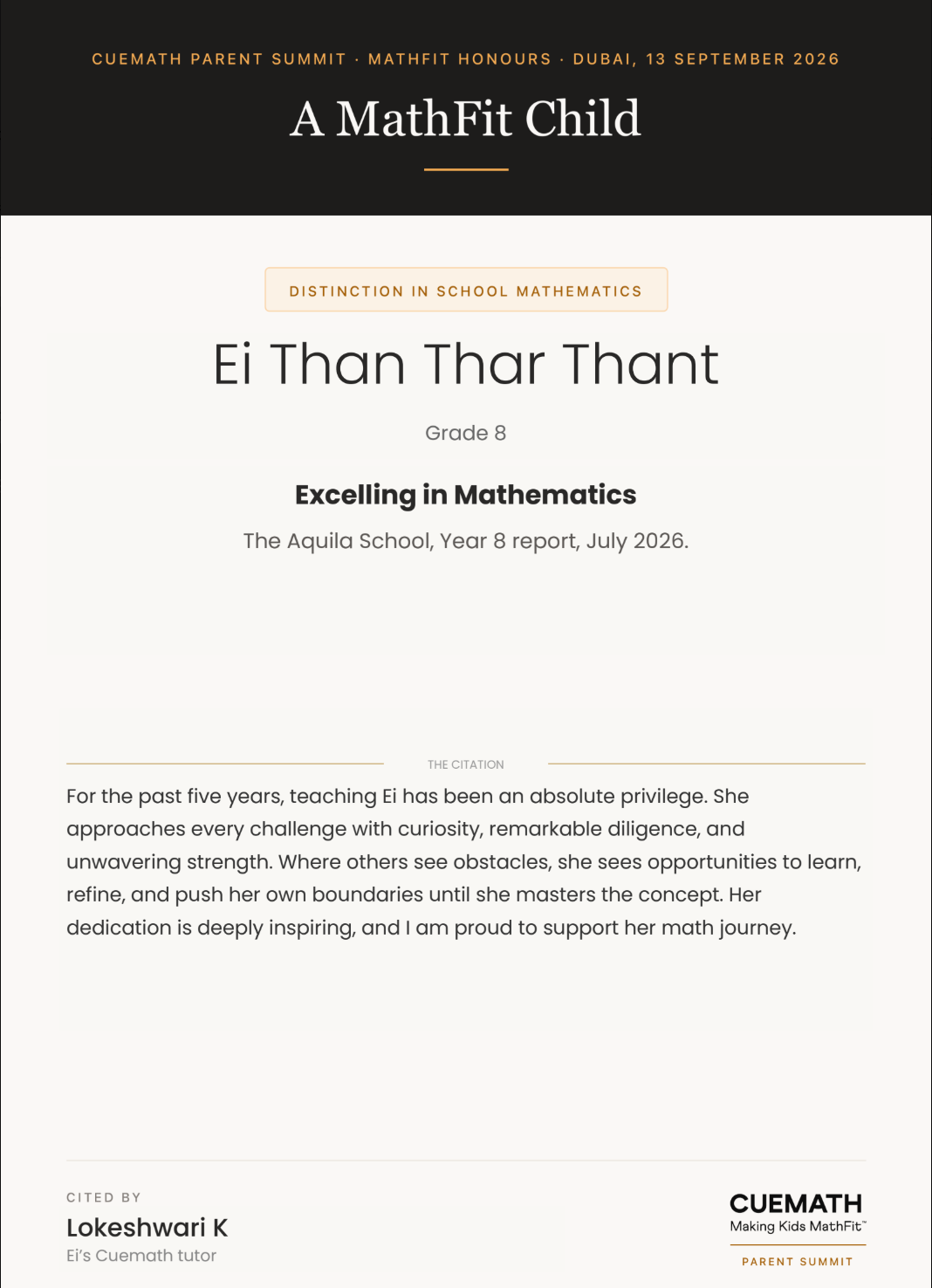 The citation for Ei Than Thar Thant, written by her Cuemath tutor Lokeshwari K and presented at the Cuemath Parent Summit in Dubai