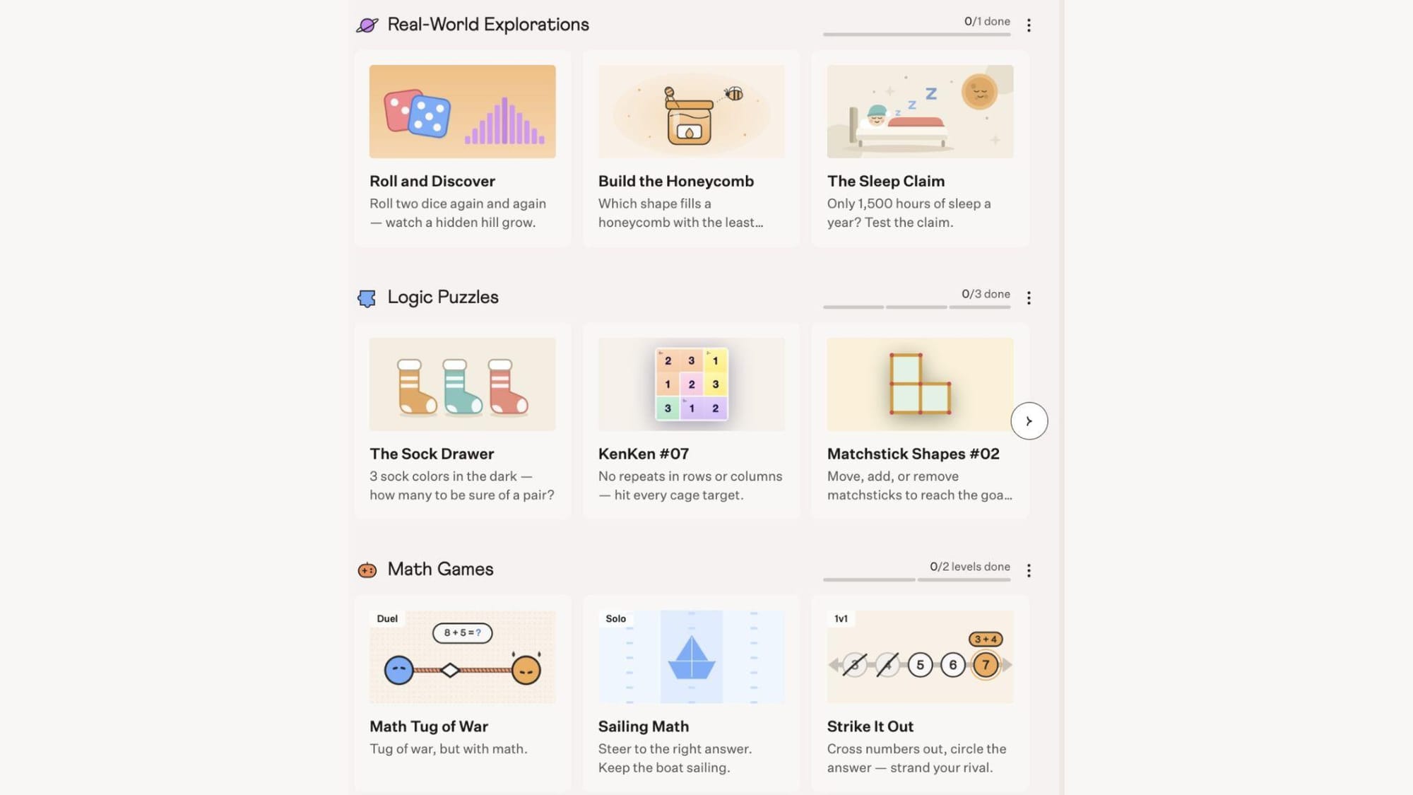 Cuemath App Enrichment Math section with real-world explorations, logic puzzles and math games