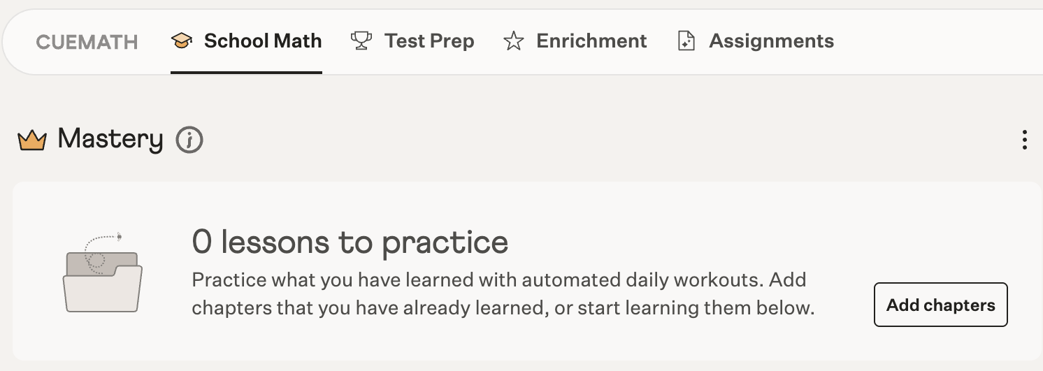 Cuemath app home screen with School Math, Test Prep, Enrichment, and Assignments tabs and a Mastery daily workout section