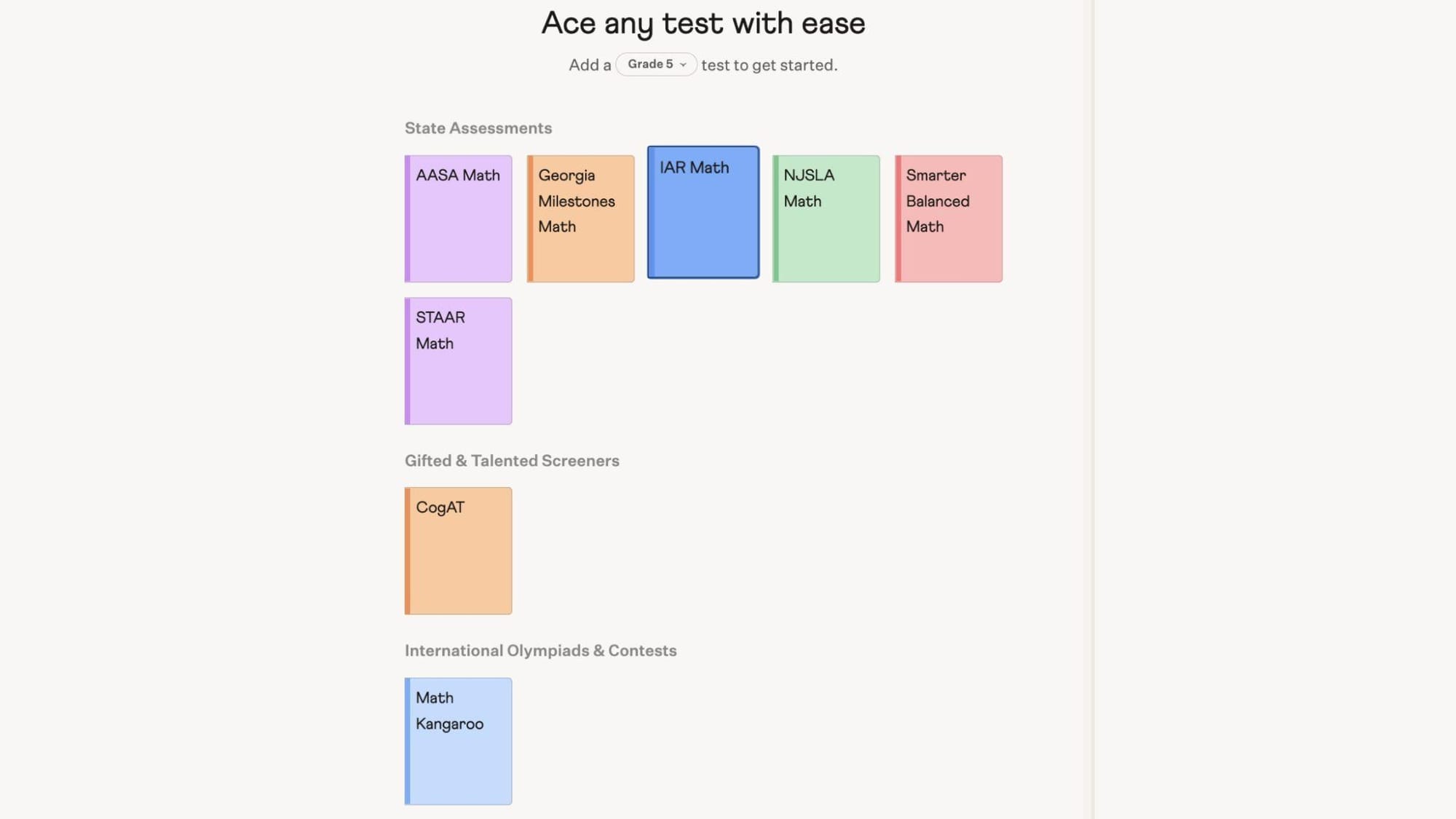 Cuemath App test prep section listing state assessments, CogAT and Math Kangaroo