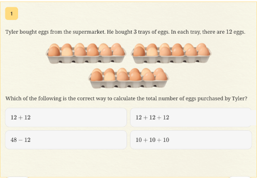 Year 3 NAPLAN practice question showing three egg trays of 12 eggs each, asking which calculation gives the total: 12 + 12, 12 + 12 + 12, 48 − 12 or 10 + 10 + 10
