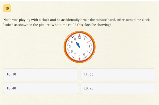 Year 3 NAPLAN practice question showing a clock with only an hour hand, pointing about two-thirds of the way from 10 to 11, with options 10:10, 11:55, 10:40 and 10:20