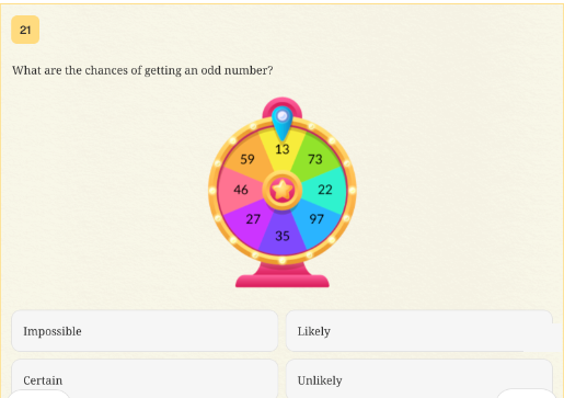 Year 3 NAPLAN practice chance question with an eight-section spinner showing 13, 73, 22, 97, 35, 27, 46 and 59, and options impossible, likely, certain and unlikely