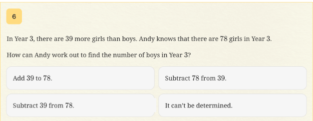 Year 3 NAPLAN practice word problem: there are 39 more girls than boys and 78 girls, with four options for finding the number of boys