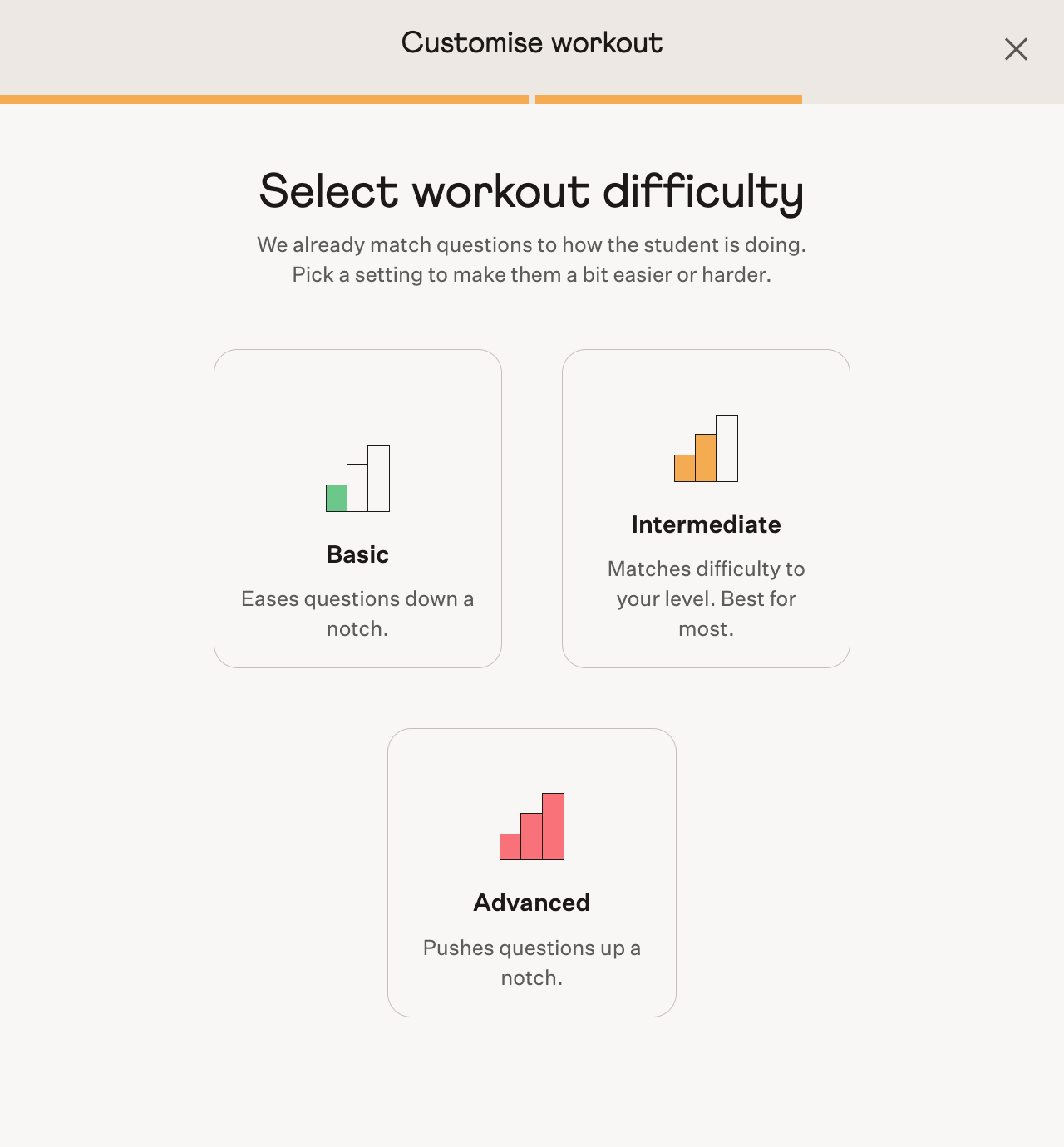 Cuemath app screen for choosing workout difficulty: Basic, Intermediate, or Advanced