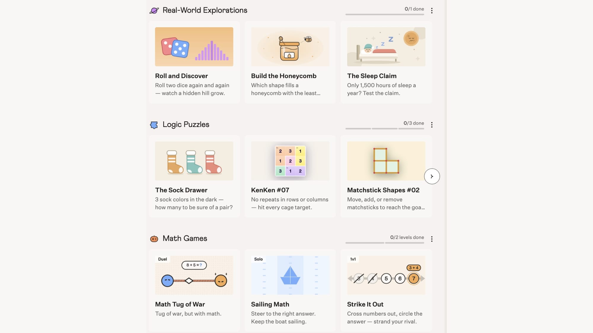 Cuemath app Enrichment screen with real-world explorations, logic puzzles, and math games