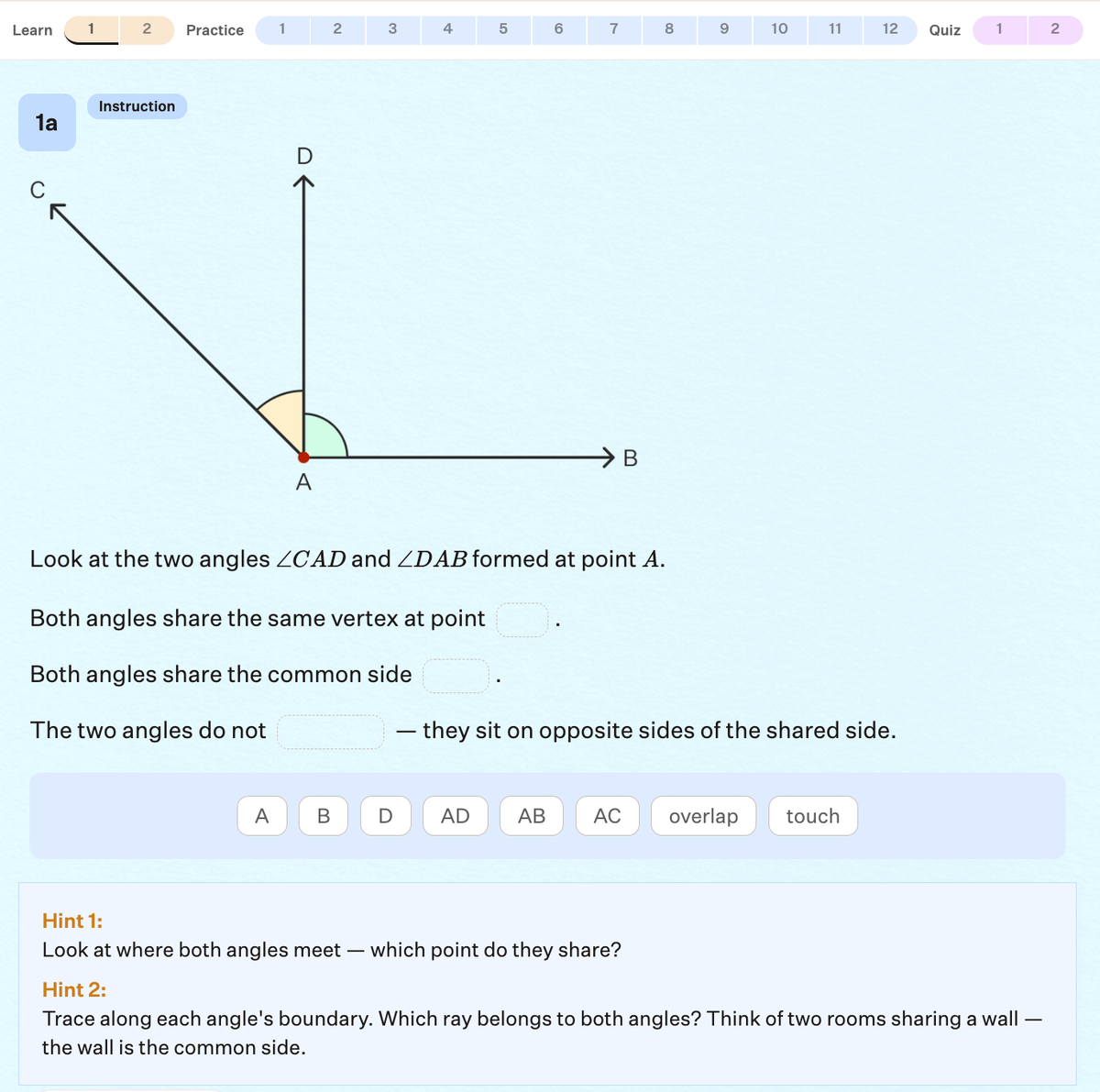 Cuemath practice question on angles with two hints that guide the student toward the answer instead of giving it