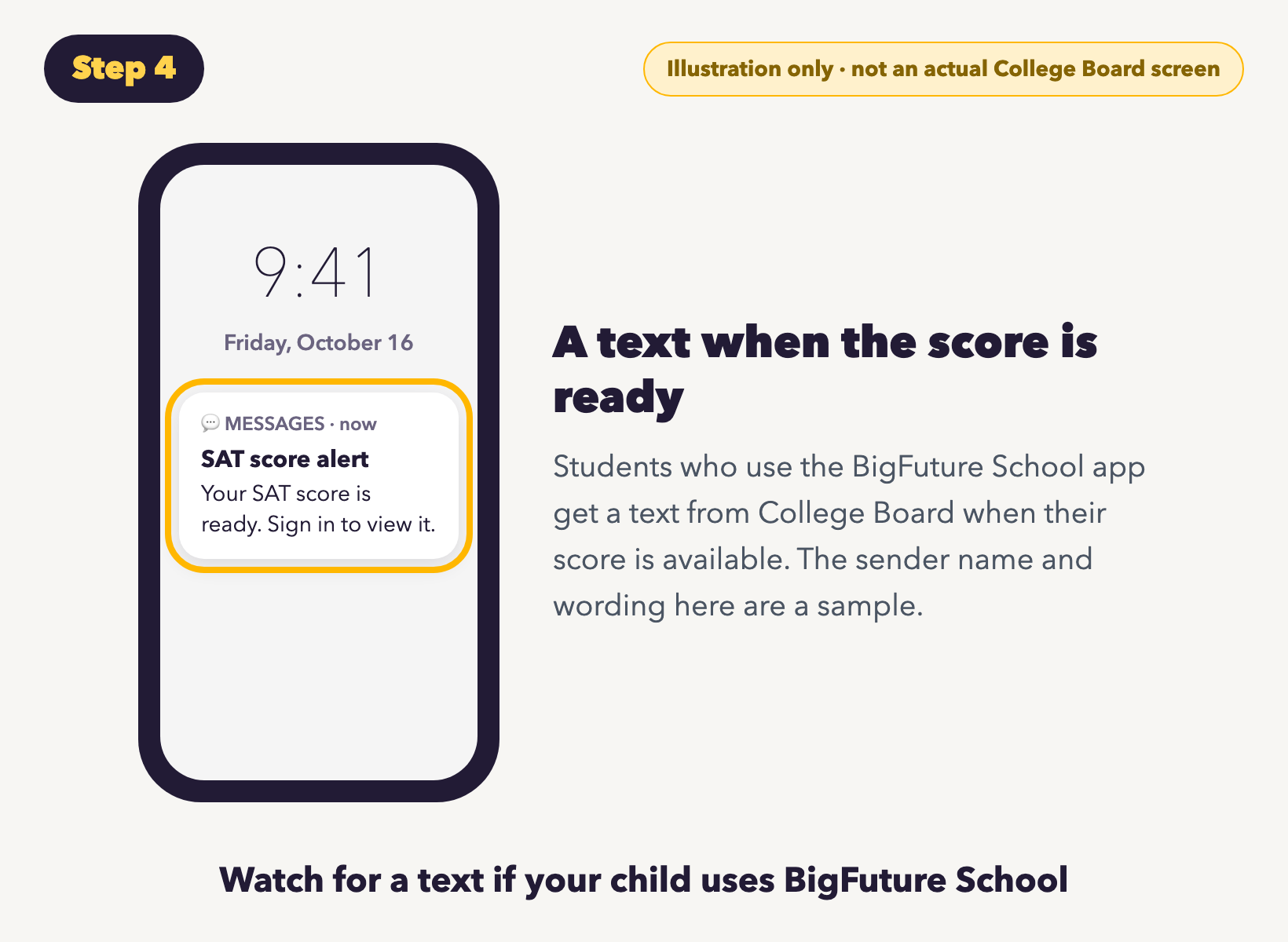 Illustration of a phone lock screen showing a text alert that an SAT score is ready