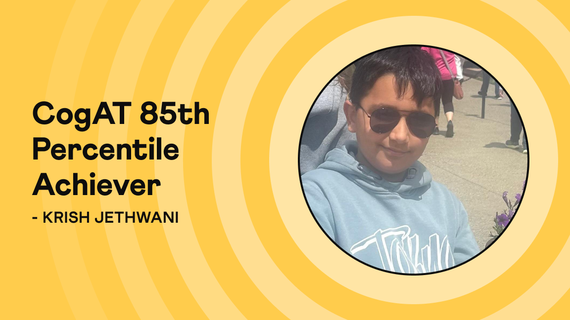 Krish Jethwani, Grade 3 student with CogAT 85th percentile achievement, Cuemath