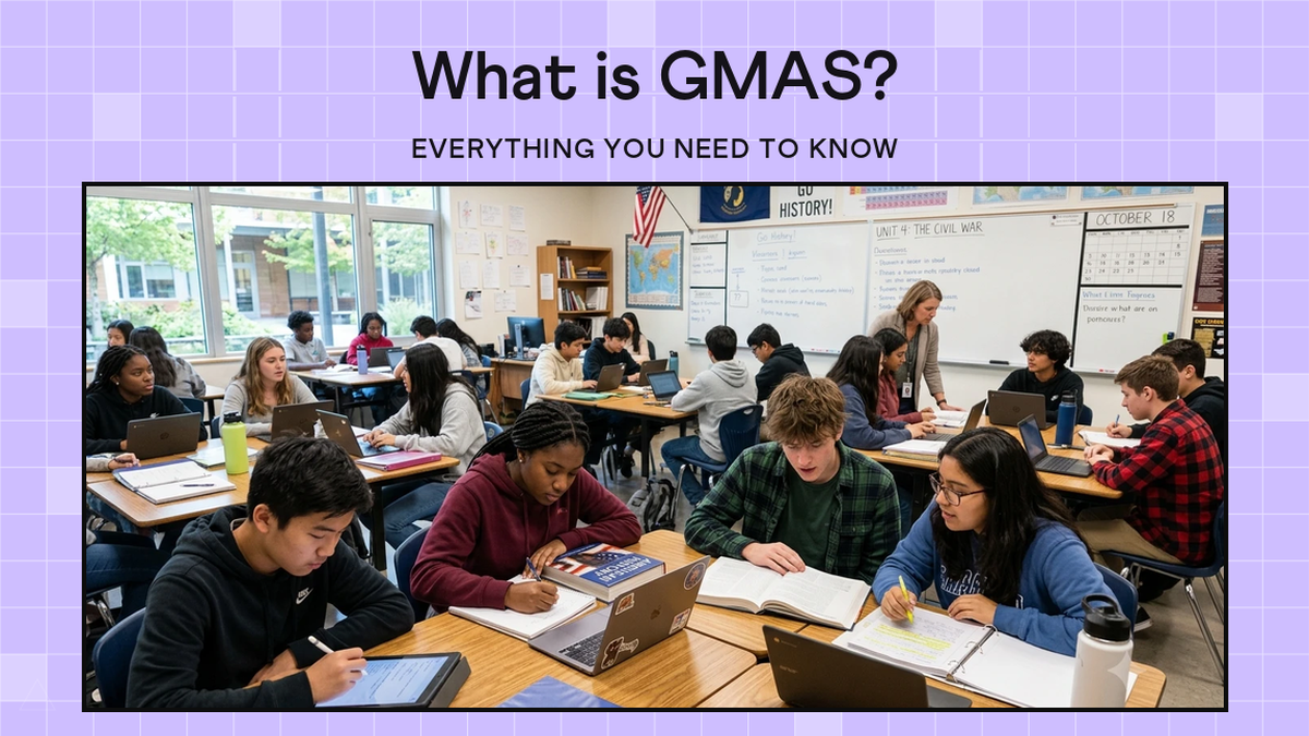 High school students working on laptops and notebooks in a classroom, under the title What is GMAS? Everything you need to know