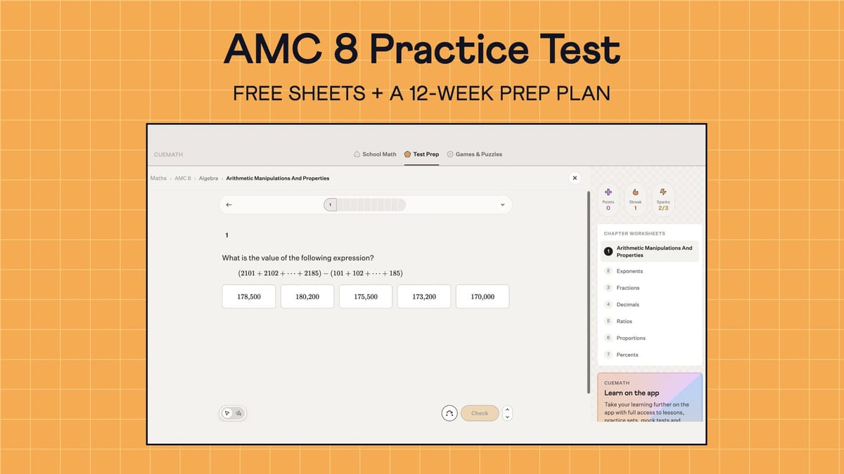 AMC 8 Practice Test banner showing a Cuemath app AMC 8 practice question