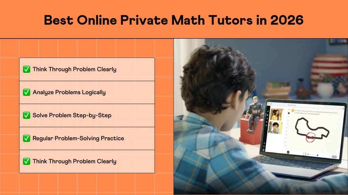 Best Online Private Math Tutors in 2026 banner: a boy in an online math class with his tutor, beside a checklist of problem-solving skills