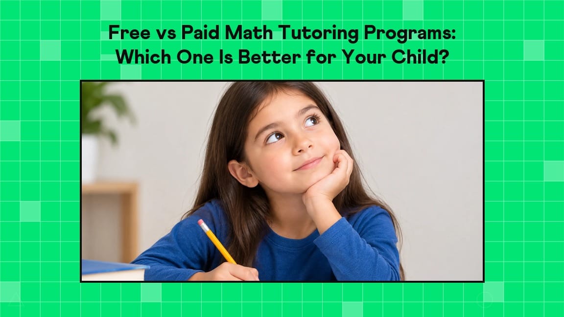 Free vs paid math tutoring programs banner with a girl thinking through a math problem at her desk