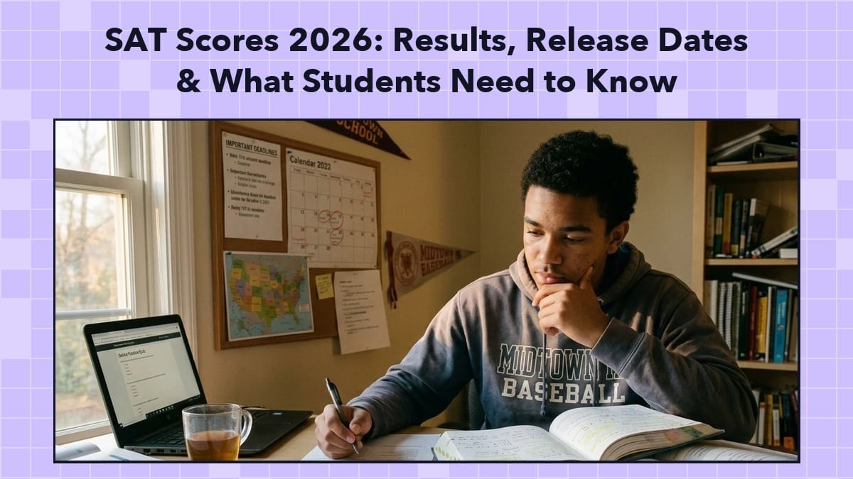 High school student studying at a desk with a laptop and open books, under the title SAT Scores 2026