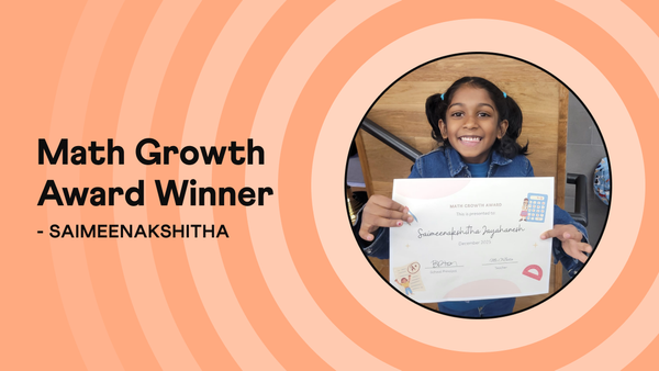Saimeenakshitha, Grade 1 student from USA, received her school's Math Growth Award with Cuemath tutor Neha Jain