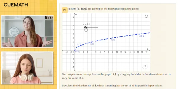 A Cuemath tutor and student in a live online math class working through an interactive graph