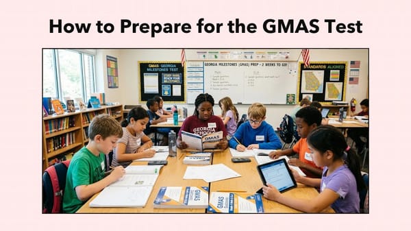 Elementary students studying with GMAS practice books and a tablet in a Georgia classroom, under the title How to Prepare for the GMAS Test