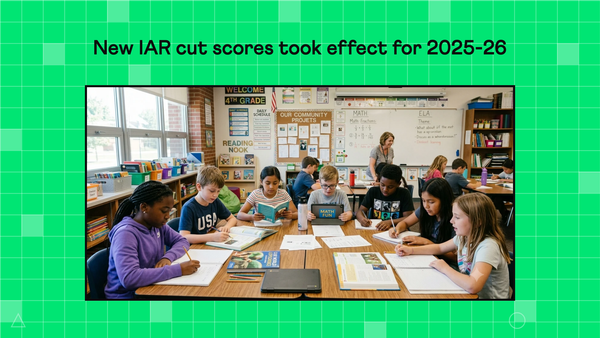 Illinois classroom of fourth graders working on math and reading, under the heading New IAR cut scores took effect for 2025-26