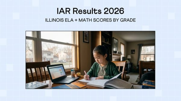 Girl working on math at a table at home with a laptop and workbooks, under the title IAR Results 2026