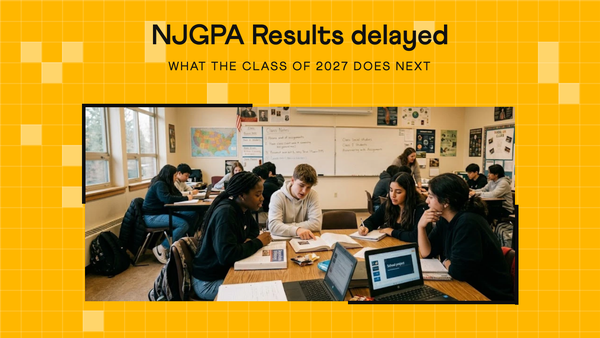 High school students working in small groups in a classroom, under the heading NJGPA Results delayed: what the class of 2027 does next