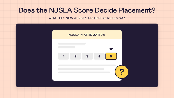 Cover: the question 'Does the NJSLA Score Decide Placement?' above an illustration of an NJSLA mathematics report with level 5 of 5 highlighted and a question mark.