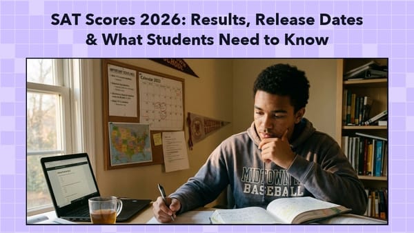 High school student studying at a desk with a laptop and open books, under the title SAT Scores 2026