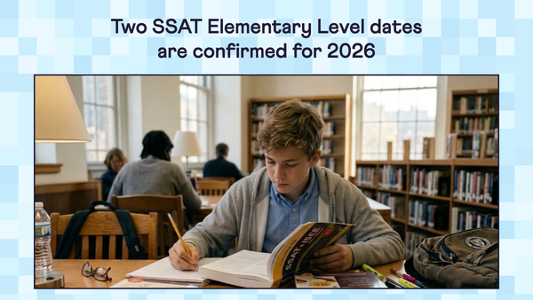 Student studying from SSAT prep books at a library table, under the heading Two SSAT Elementary Level dates are confirmed for 2026