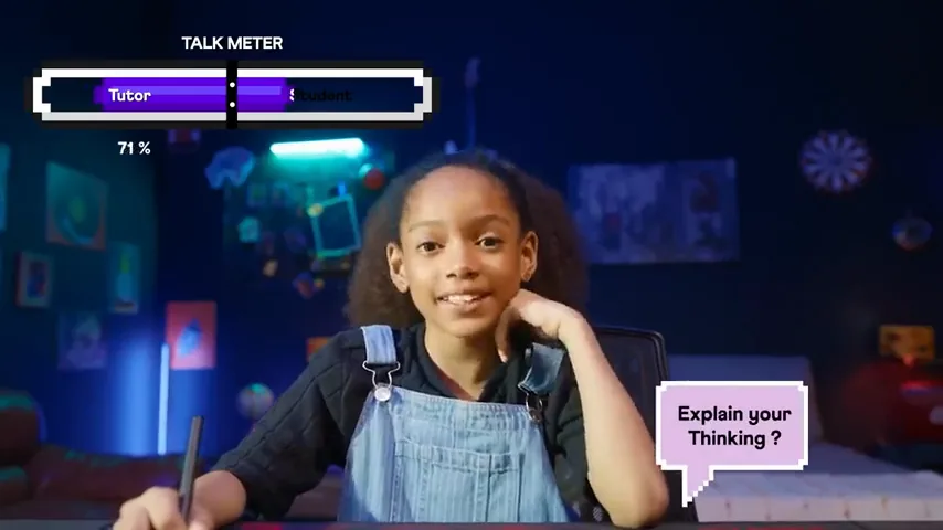 A student explaining her thinking in a live Cuemath class, with a talk meter and an Explain your thinking prompt