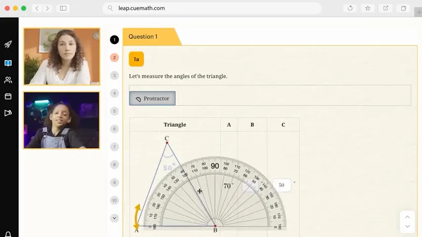 A live Cuemath class on MathCanvas: tutor and child on video while a protractor measures the angles of a triangle